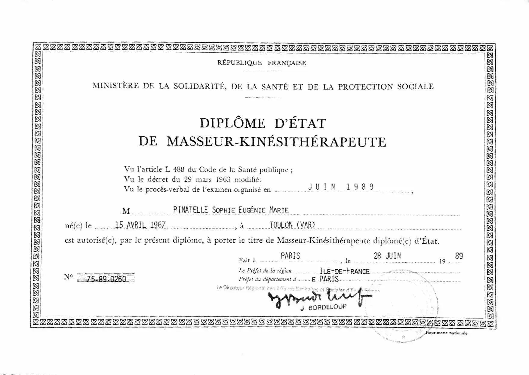 Diplôme d’État de masseur-kinésithérapeute de Sophie Ramos, EFOM école Boris Dolto, 1989