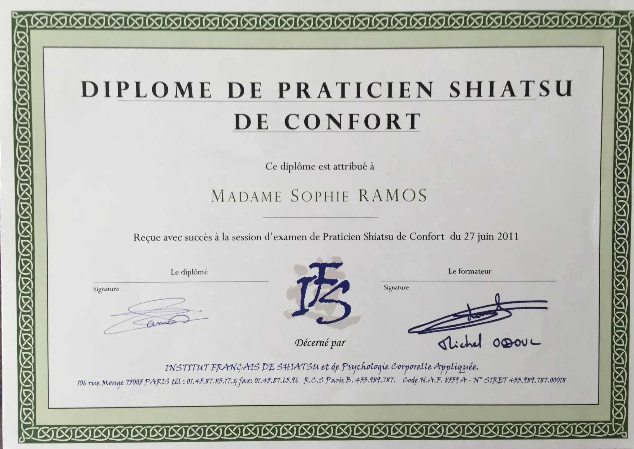 Certificat de praticienne en shiatsu de confort de Sophie Ramos, Institut Français de Shiatsu, 2011